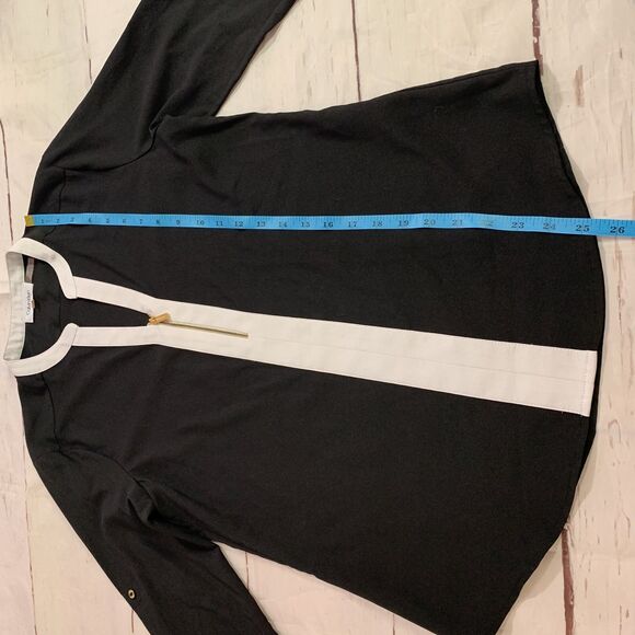 Calvin Klein XS Office Work Career Blouse Roll-up Sleeves Black White Gold Zip - Picture 11 of 16